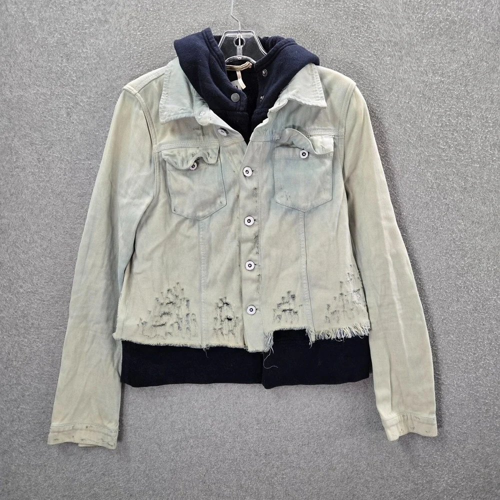 Free People Women Jacket Small Layer‎ Denim Hooded Weave Distress Teen Wolf